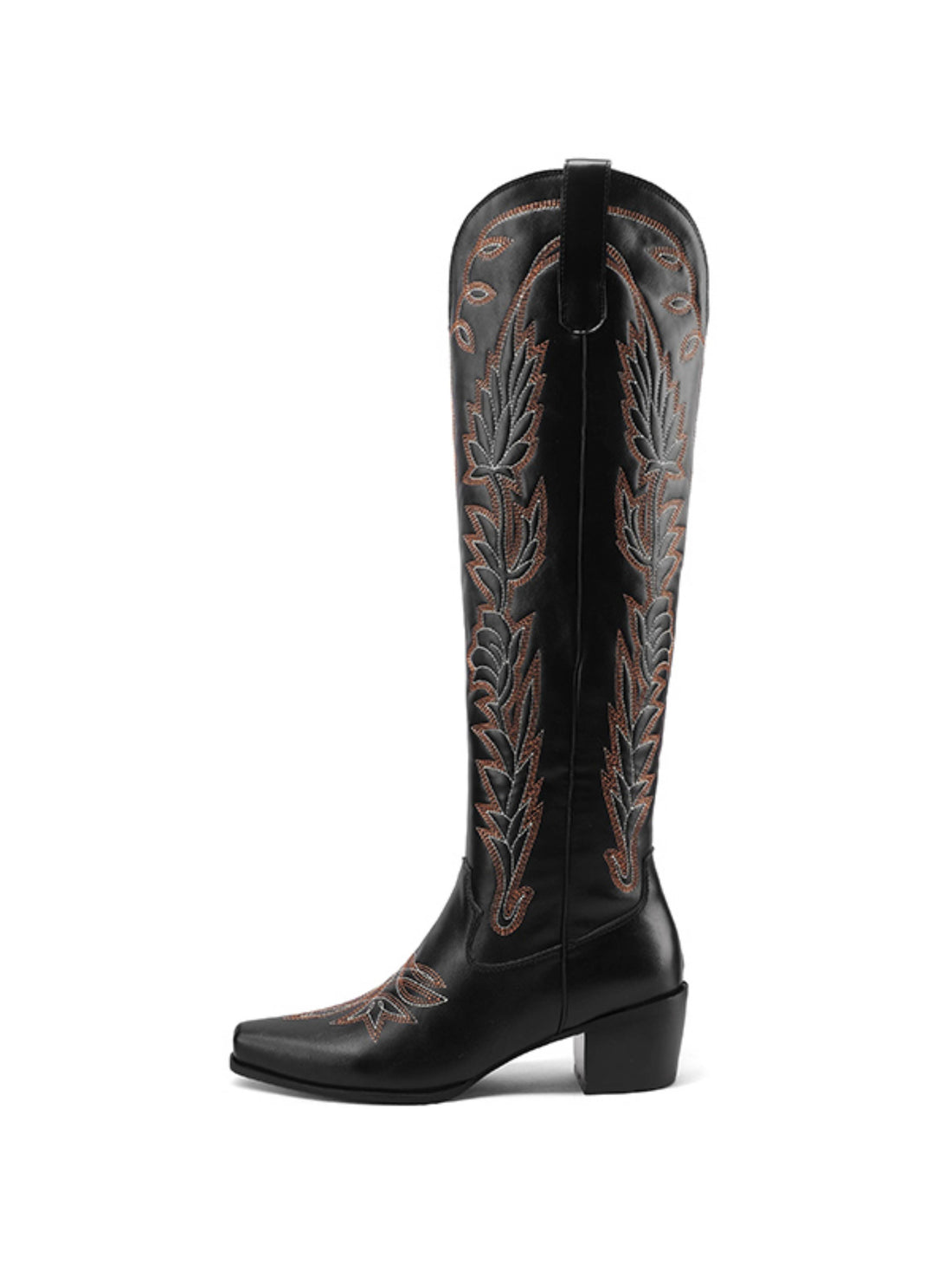 Stylish Vine Embroidered Knee High Black Cowgirl Boots