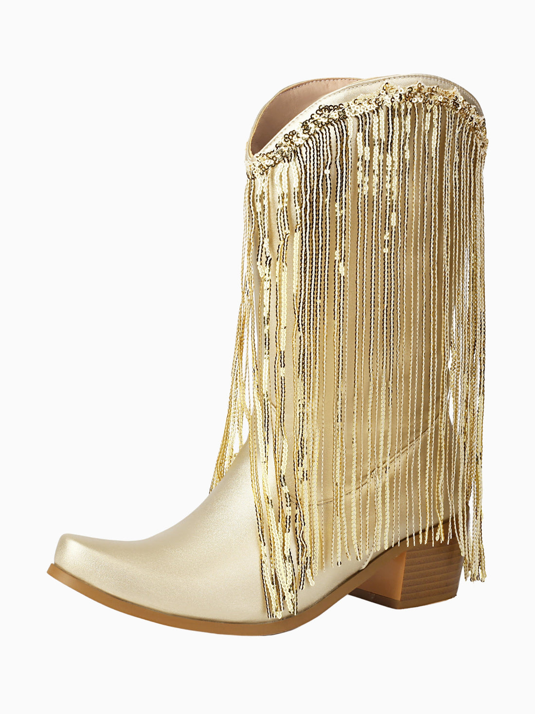 Sunset Dazzling Gold Fringe Mid Calf Cowgirl Boots Snip Toe
