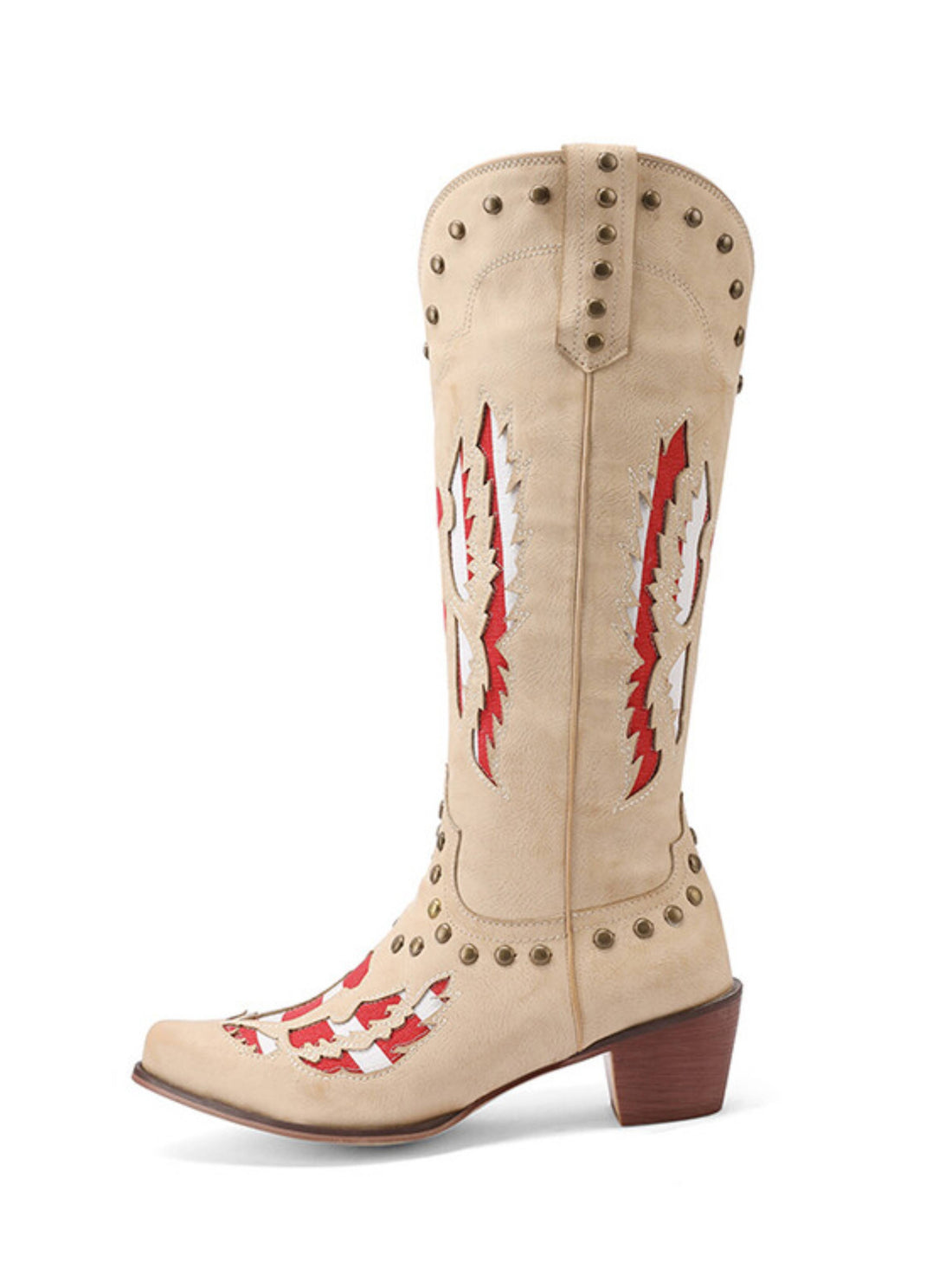 Swing Inlay Studded Beige Cowboy Boots for Women
