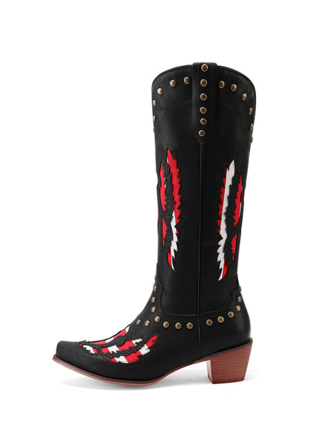 Swing Patchwork Studded Long Black Cowgirl Boots Snip Toe