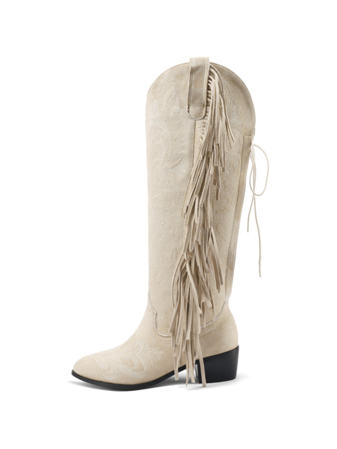 Tall Beige Lace Up Fringe Cowgirl Boots with Embroidery