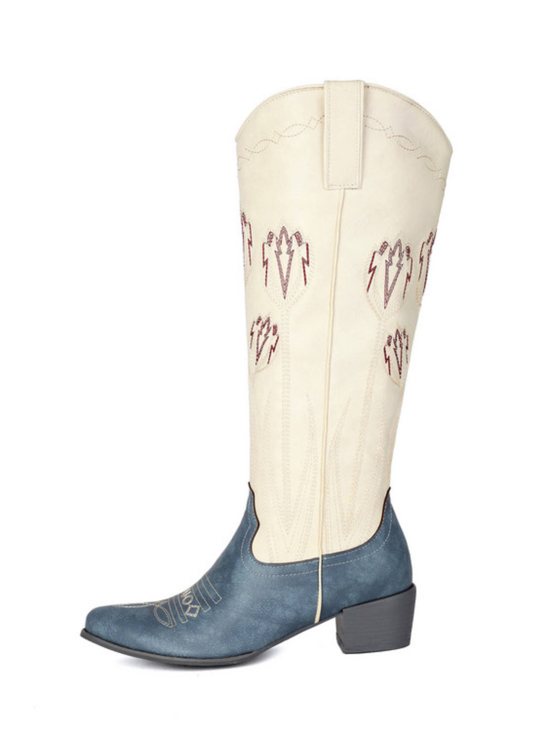 Tall Blue and White Floral Embroidered Snip Toe Cowboy Boots