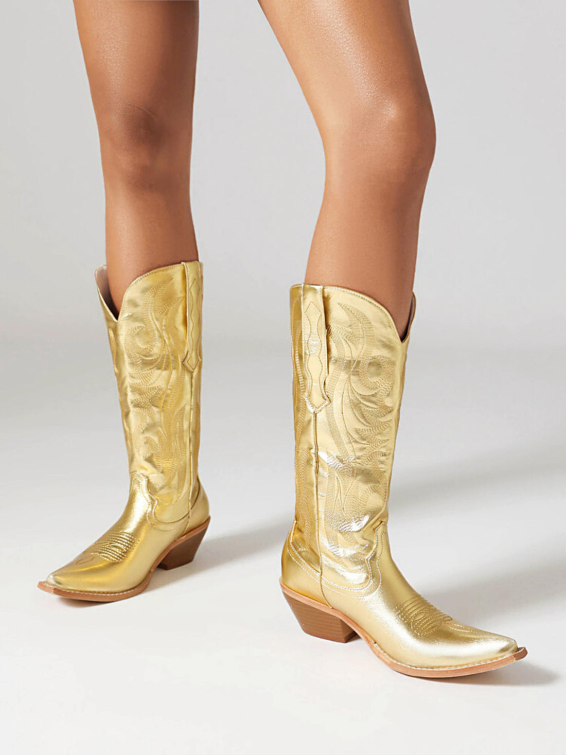 Tall Cowgirl Boots Gold with Cool Snip Toe Low Heel