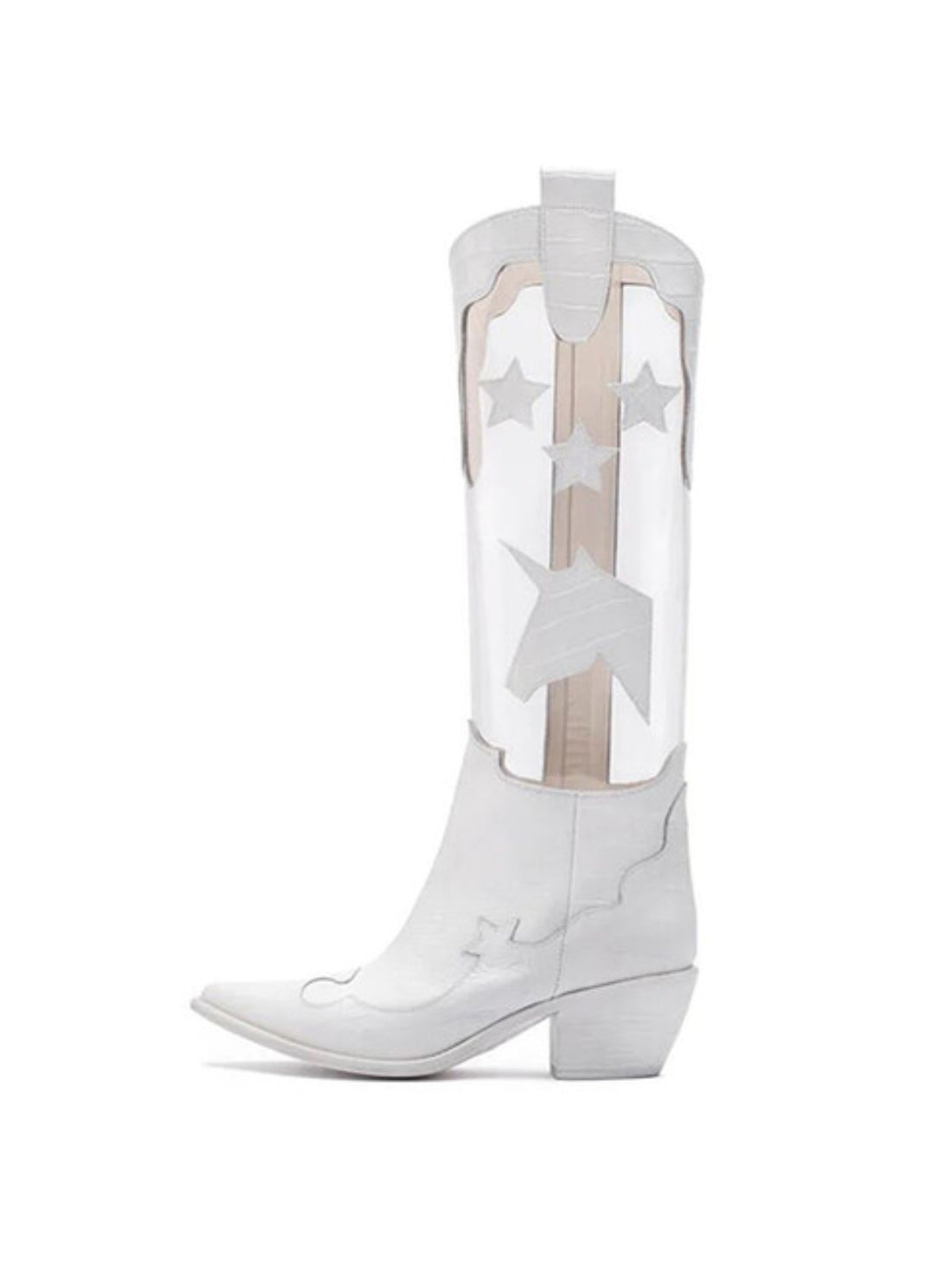 Tall Leather Star Inlay Clear and White Cowgirl Boots