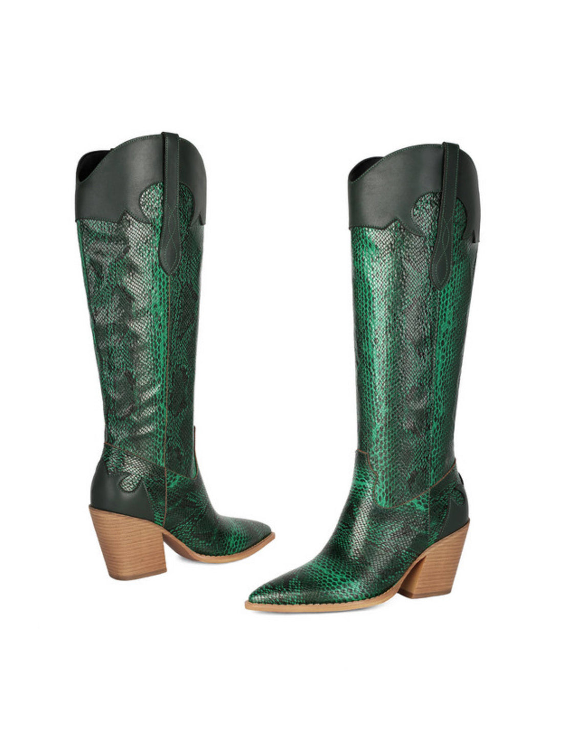 Tall Python Print Emerald Green Pointed Toe Cowboy Boots High Heel