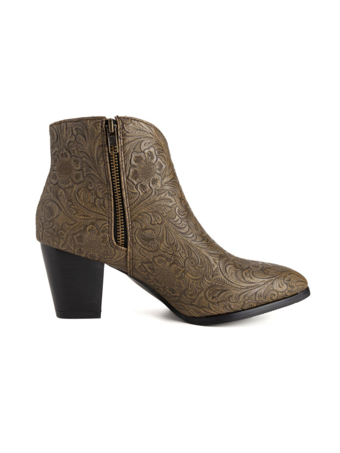 Tan Floral Double Zipper Cowgirl Ankle Boots