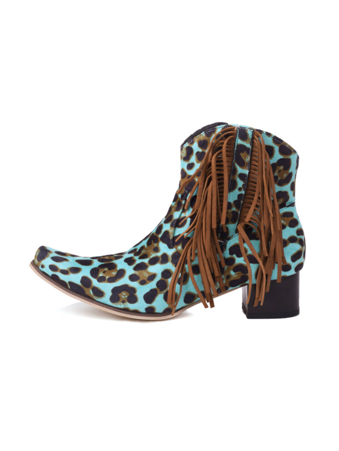 Teal Leopard Snip Toe Ankle Cowgirl Boots with Fringe