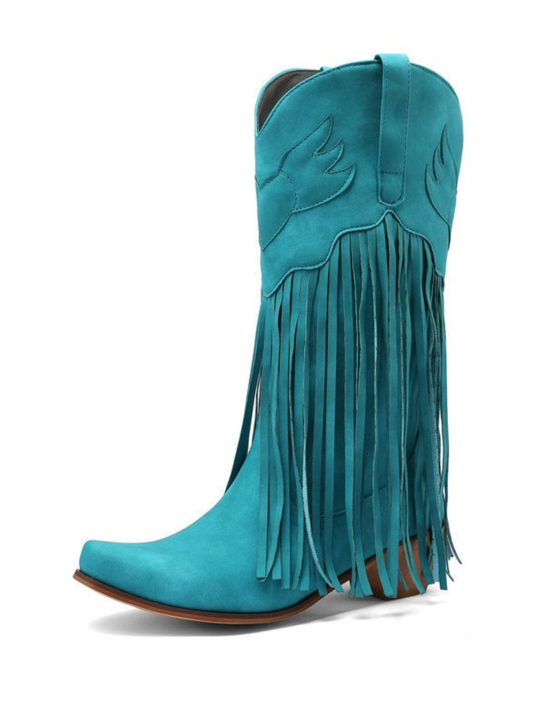 Teal Snip Toe Mid-Calf Fringe Cowboy Boots for Women