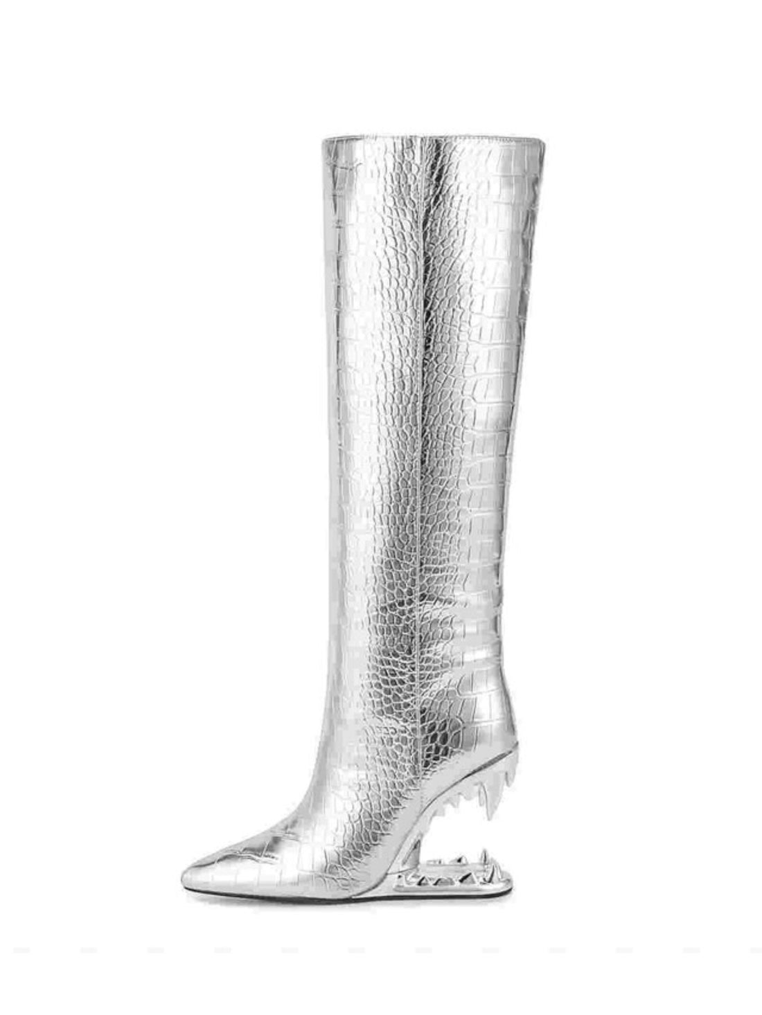 Teeth Heel Lizard Pattern Knee High Silver Western Boots Pointed Toe