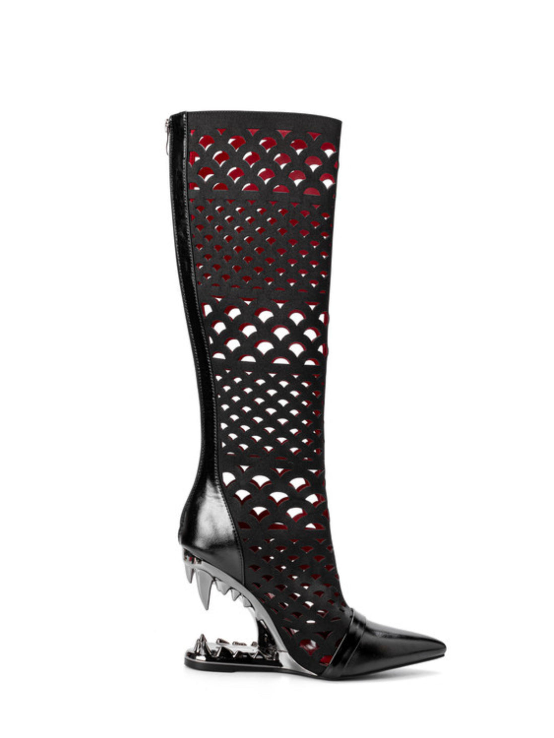 Teeth Wedge High Heel Hollow-Out Pointed Toe Black Western Boots
