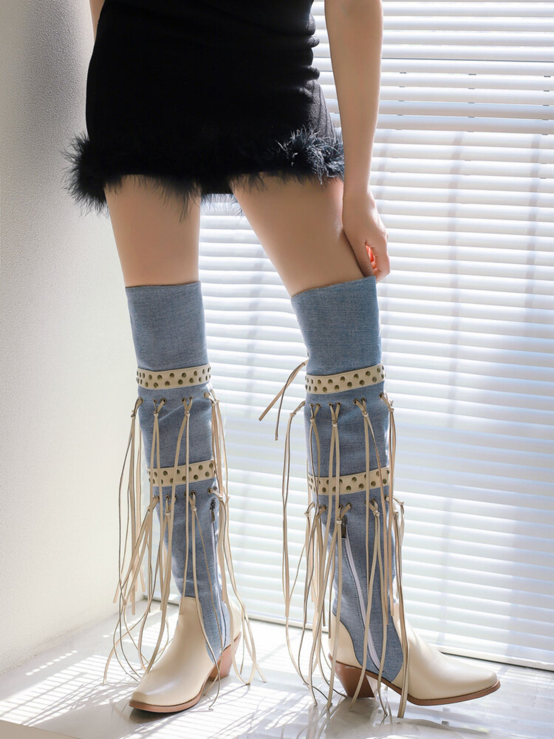 Thigh High Studded Khaki & Blue Fringe Cowgirl Boots
