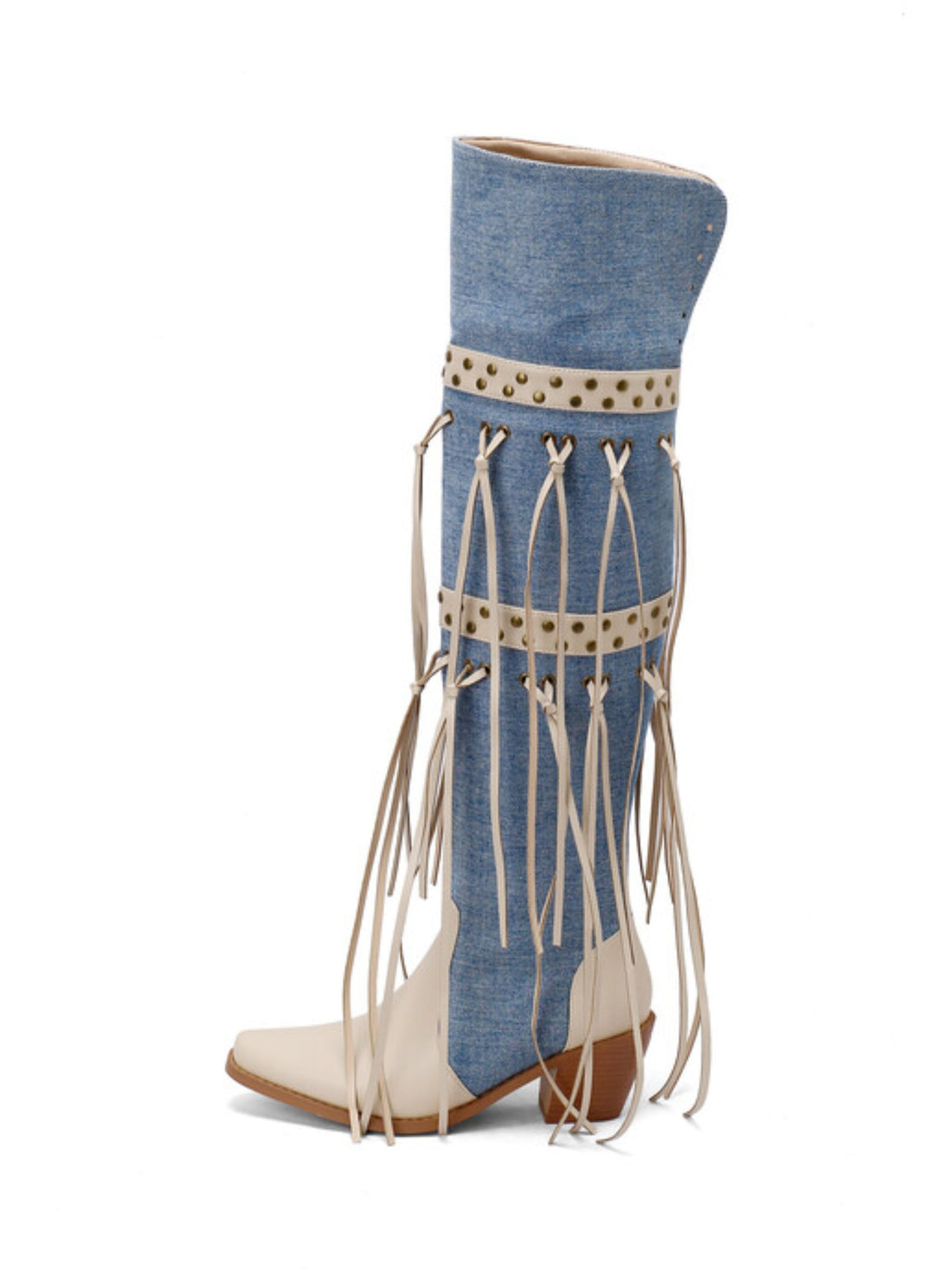 Thigh High Beige and Blue Fringe Cowgirl Boots with Studs
