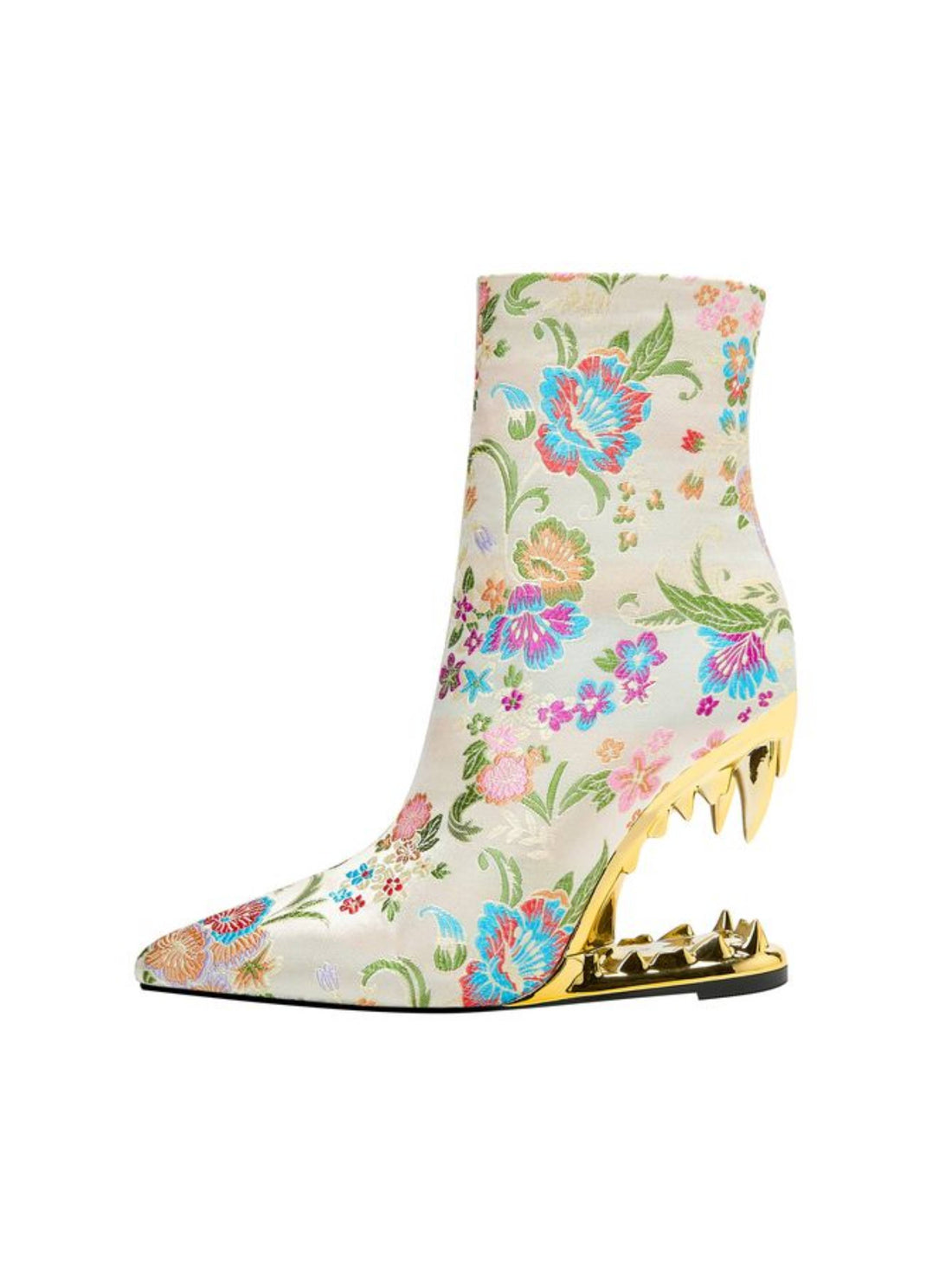 Tiger Teeth Heel Pointed Toe Classic Floral Ivory Ankle Boots