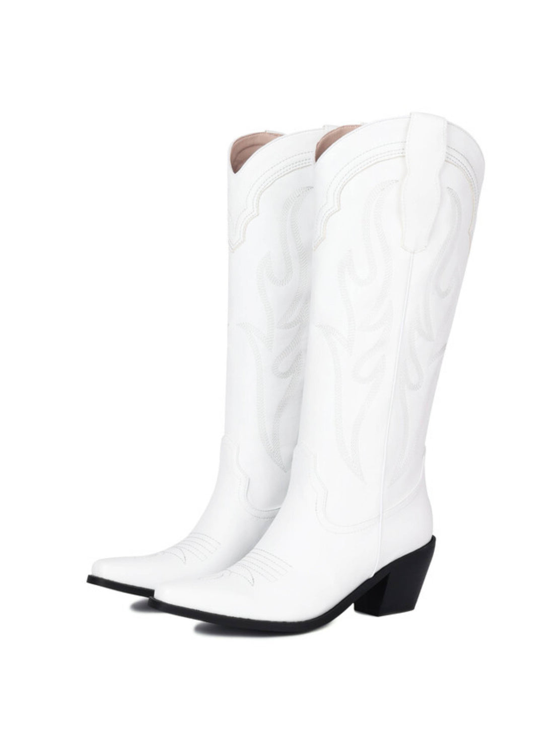 Tone-on-Tone Flame Stitching Long White Western Boots
