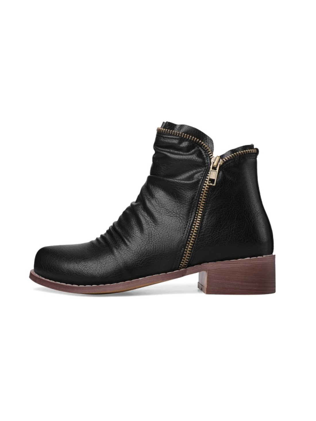 Trendy Black Wrinkled Low Heel Double Zipper Western Ankle Boots