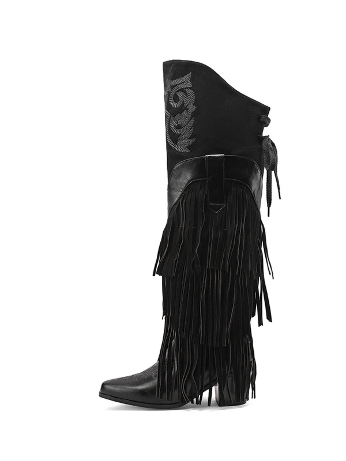 Trendy Knee High Black Cowgirl Boots with Fringe