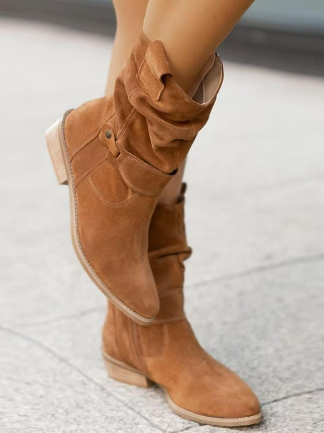 Trendy Wrinkled Flat Round Toe Brown Cowgirl Boots with Zipper