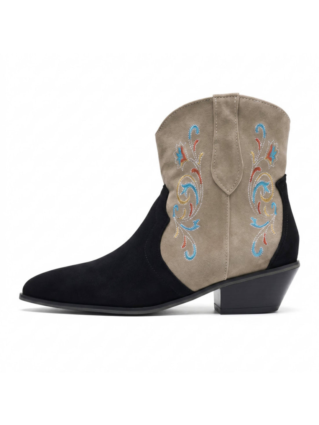 Two Tone Black and Taupe Embroidered Cowgirl Booties