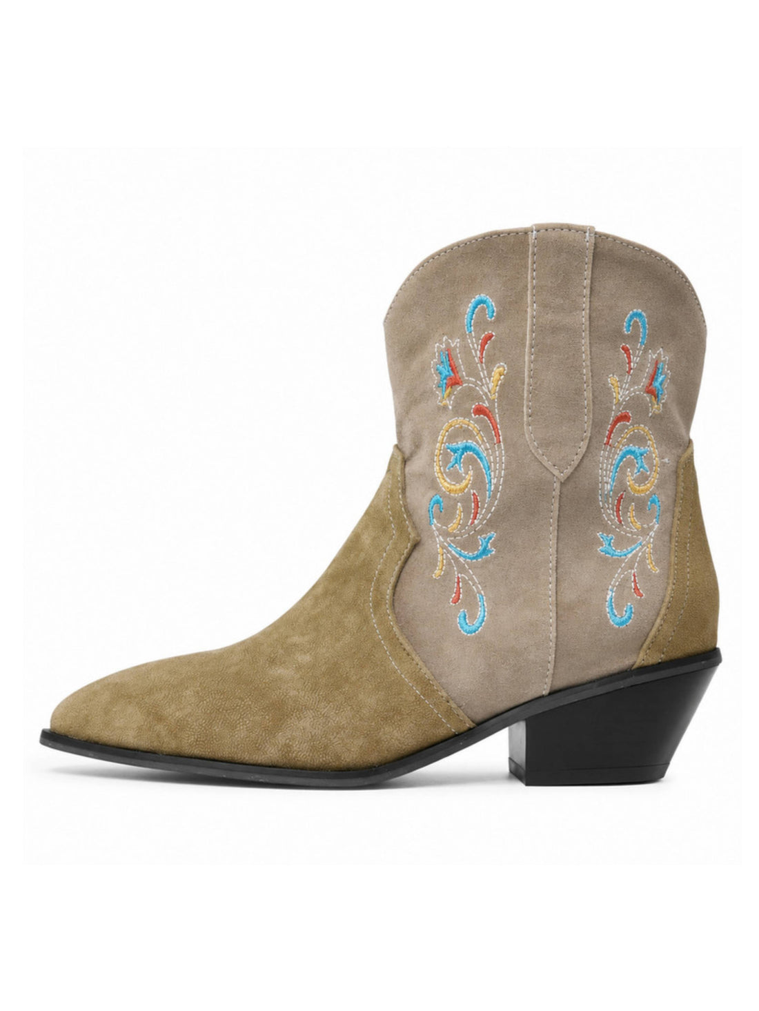 Two Tone Taupe and Olive Ankle Cowgirl Boots with Floral Embroidery