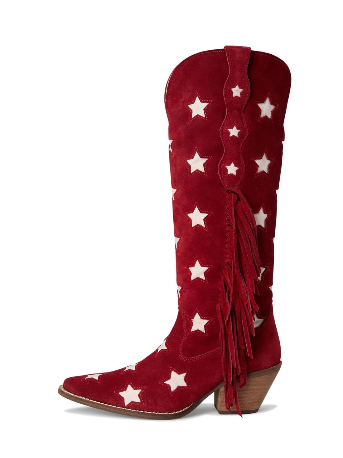 Vegan Suede Star Inlay Cut Out Red Cowgirl Boots with Fringe