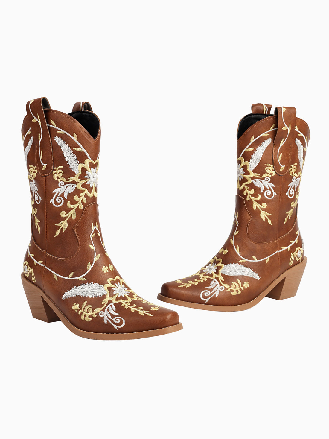 Women's Vintage Mid Calf Floral Brown Western Boots