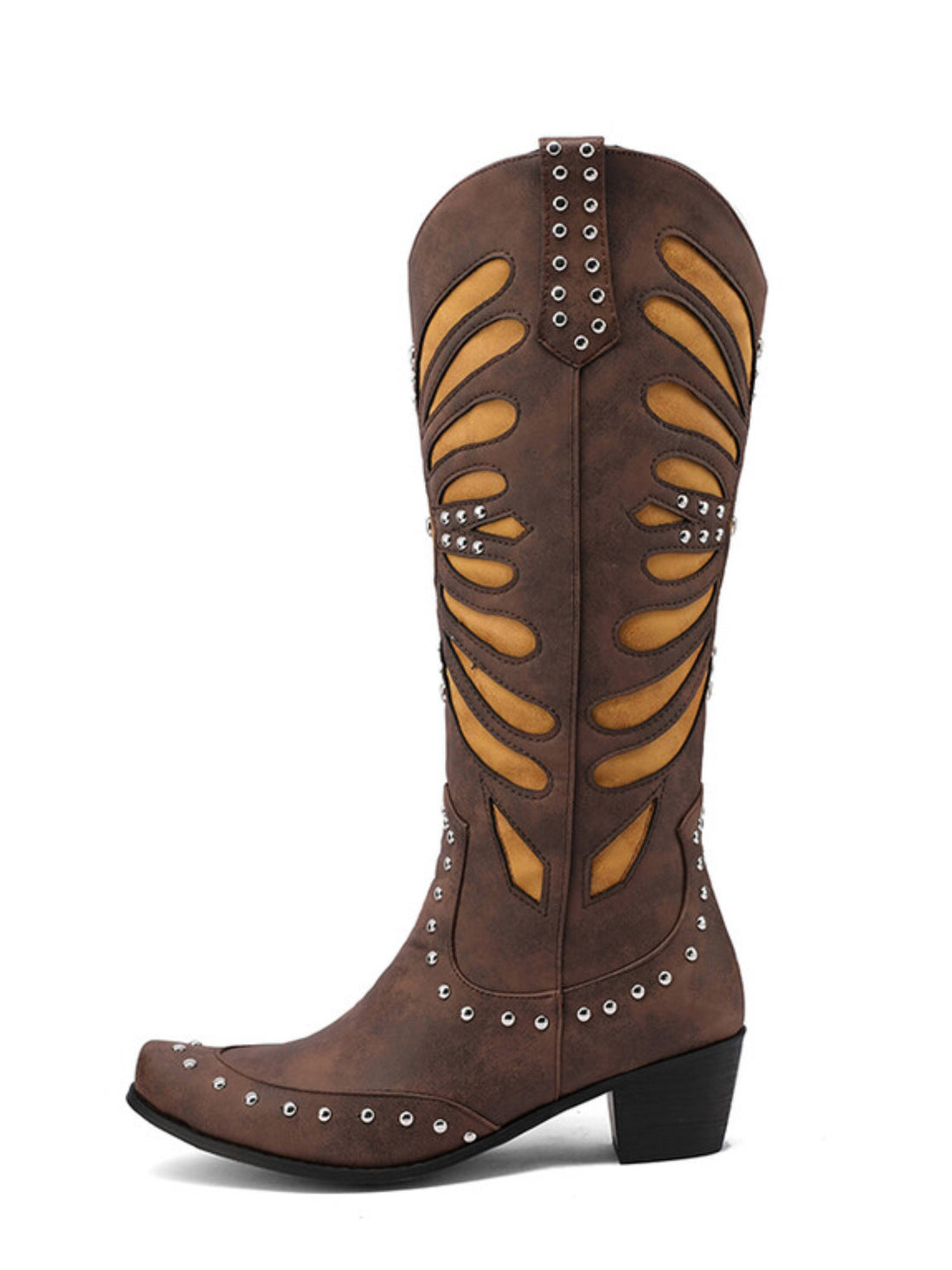 Vintage Brown & Yellow Cutout Knee-High Studded Festival Cowgirl Boots