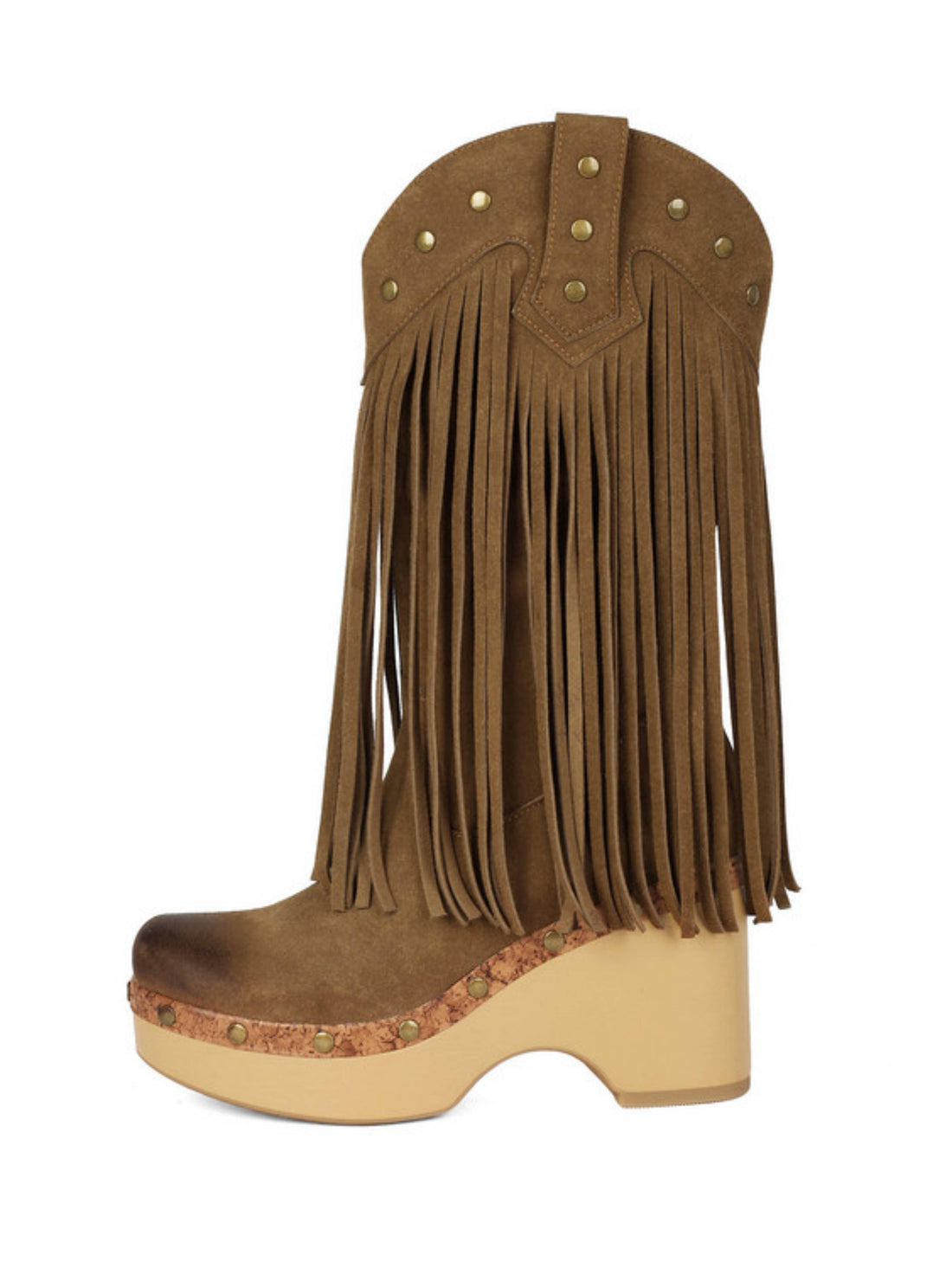 Vintage Tan Burnished Toe Studded Platform Fringe Cowgirl Boots