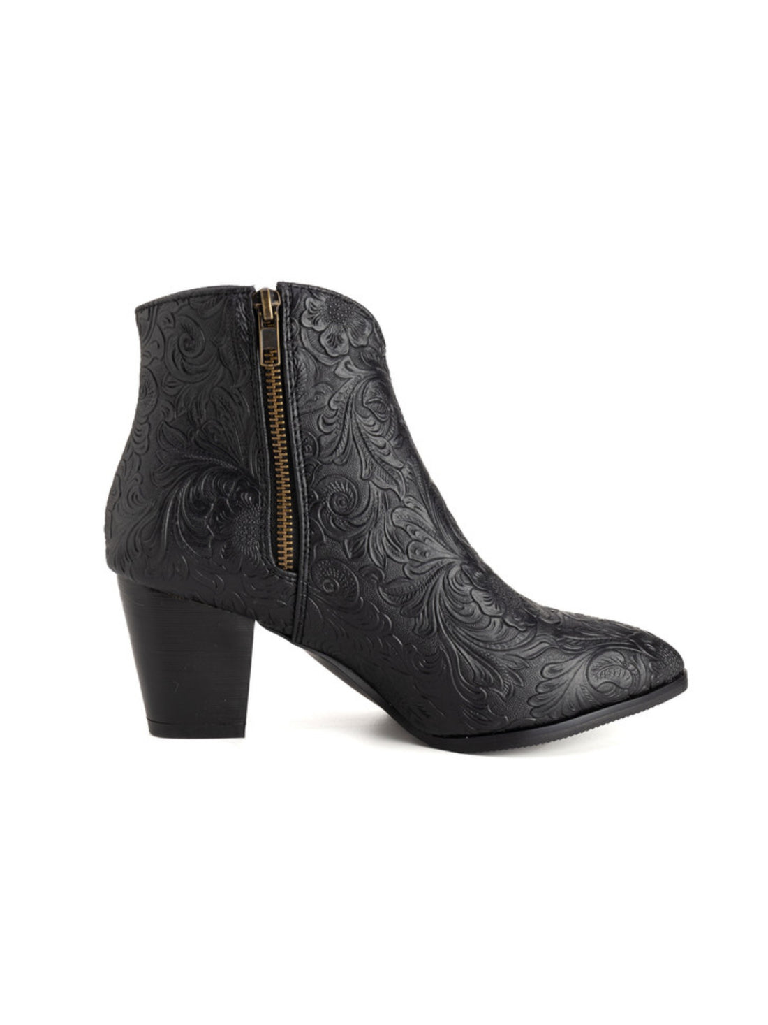 Vintage Floral Print Double Zipper Black Ankle Cowgirl Boots