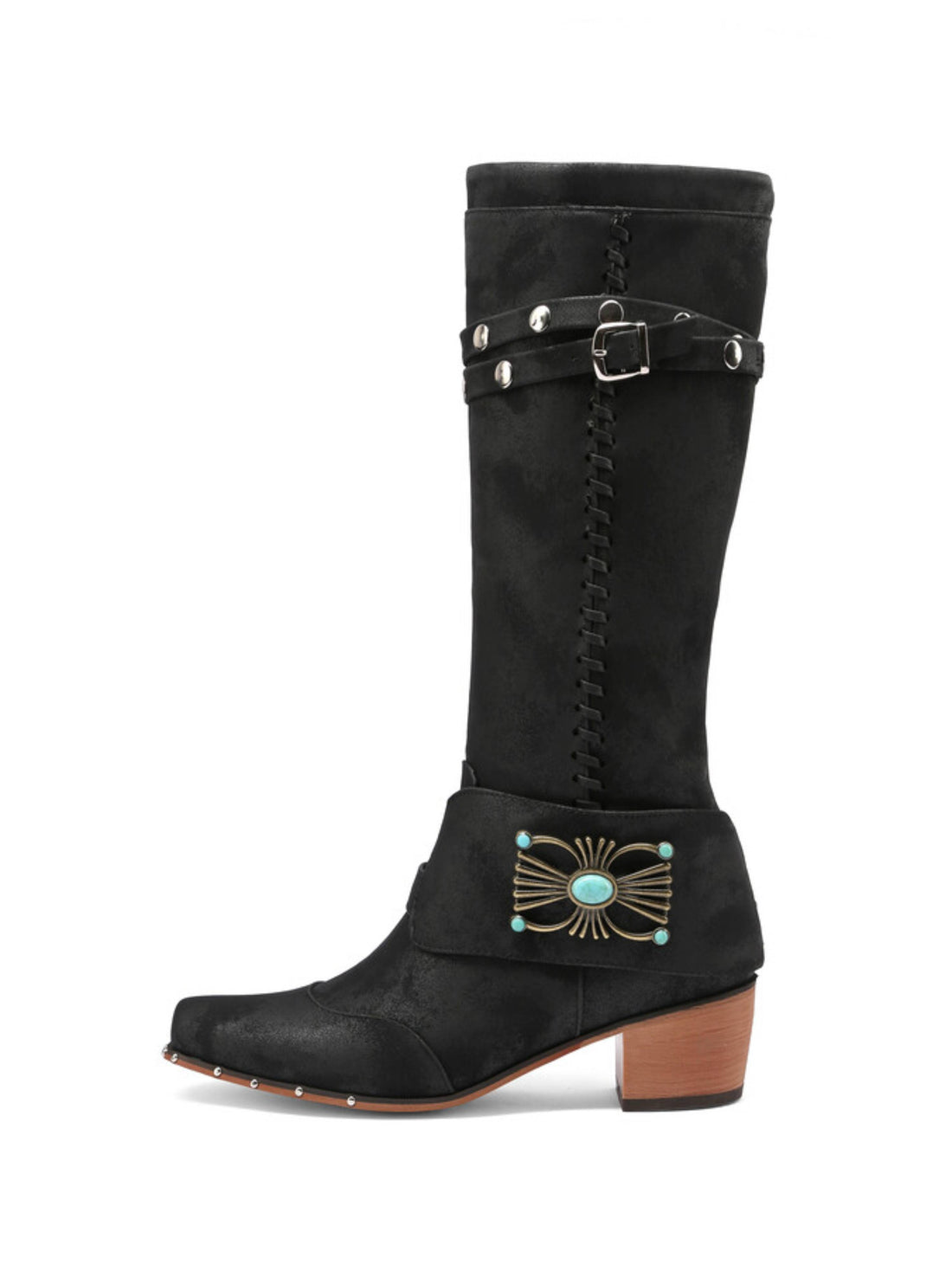 Vintage Knee High Studded Harness Strap Black Western Boots
