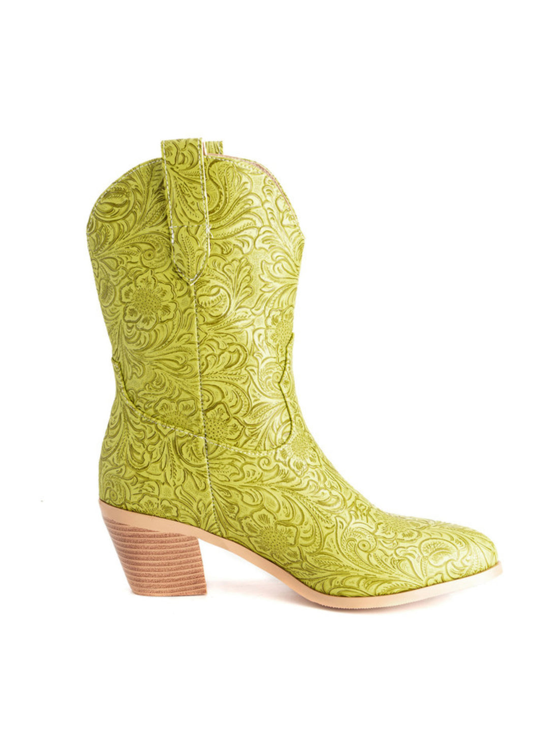 Vivid Yellow Floral Embossed Mid Calf Cowgirl Boots
