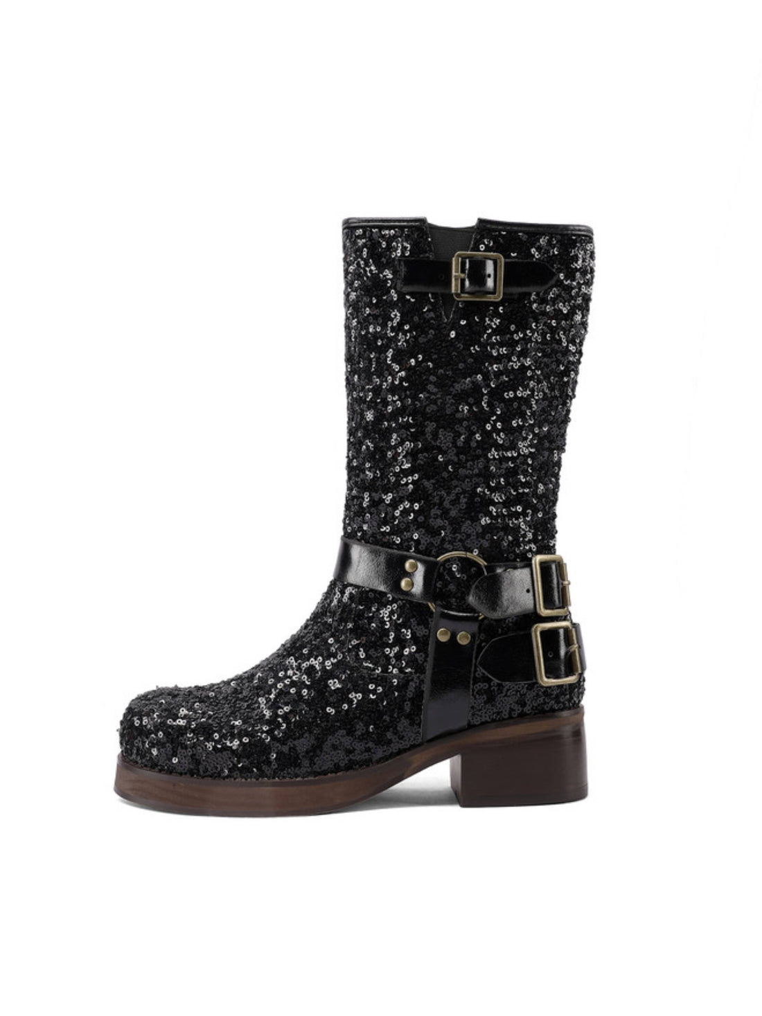 Full Sequin Buckled Low Heels Black Platform Boots for Women