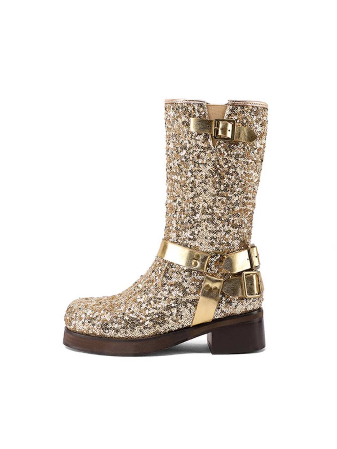 Dazzling Gold Sequin Buckled Platform Heel Western Riding Boots