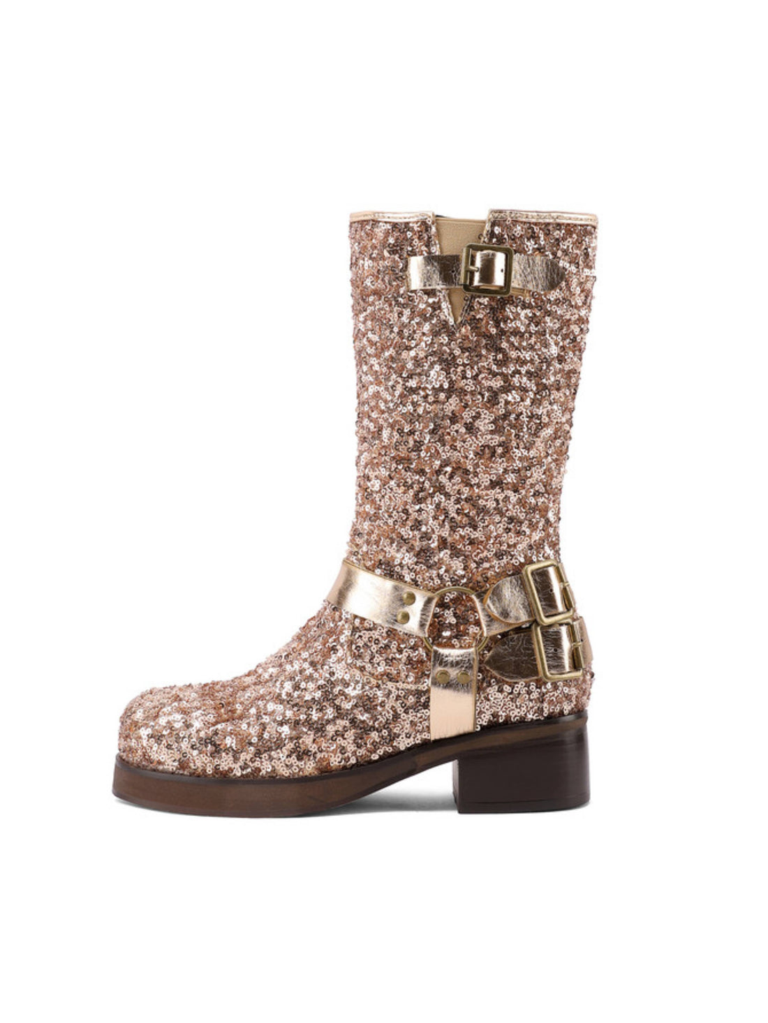 Rose Gold Buckled Sequin Low Platform Heel Boots