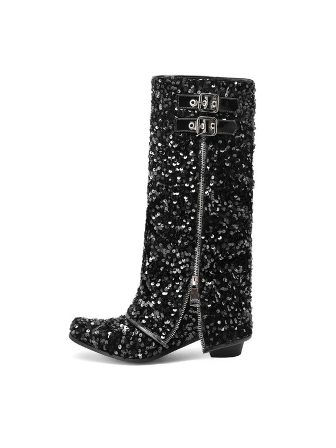 Shiny Sequin Fold Over Bucked Tall Black Cowgirl Boots