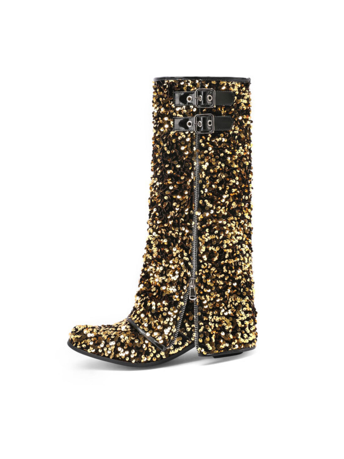 Sparkly Gold Zipper Decor Fold Over Bucked Tall Cowgirl Boots