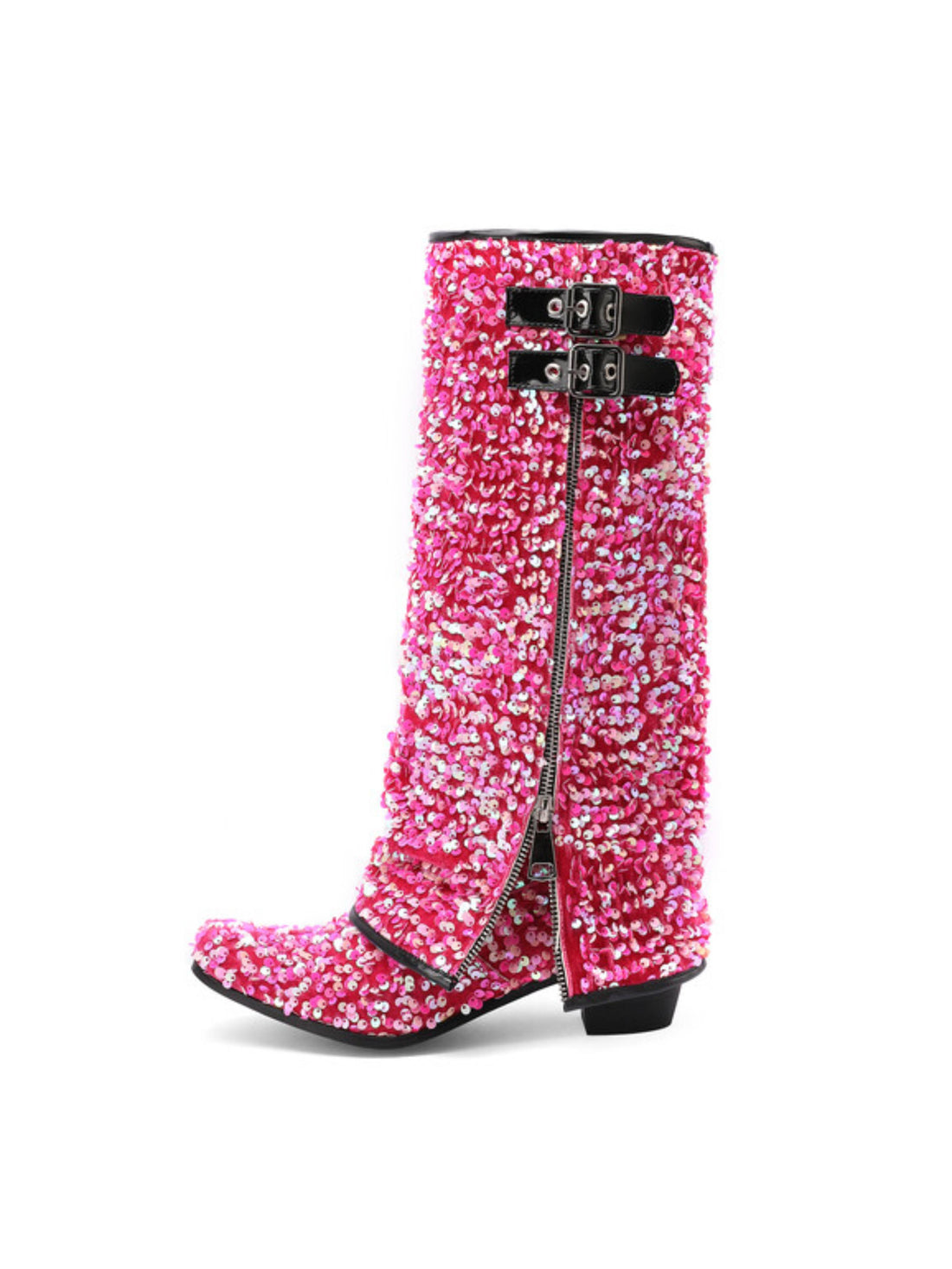 Sequin Buckled Fold Over Pink Western Boots for Women