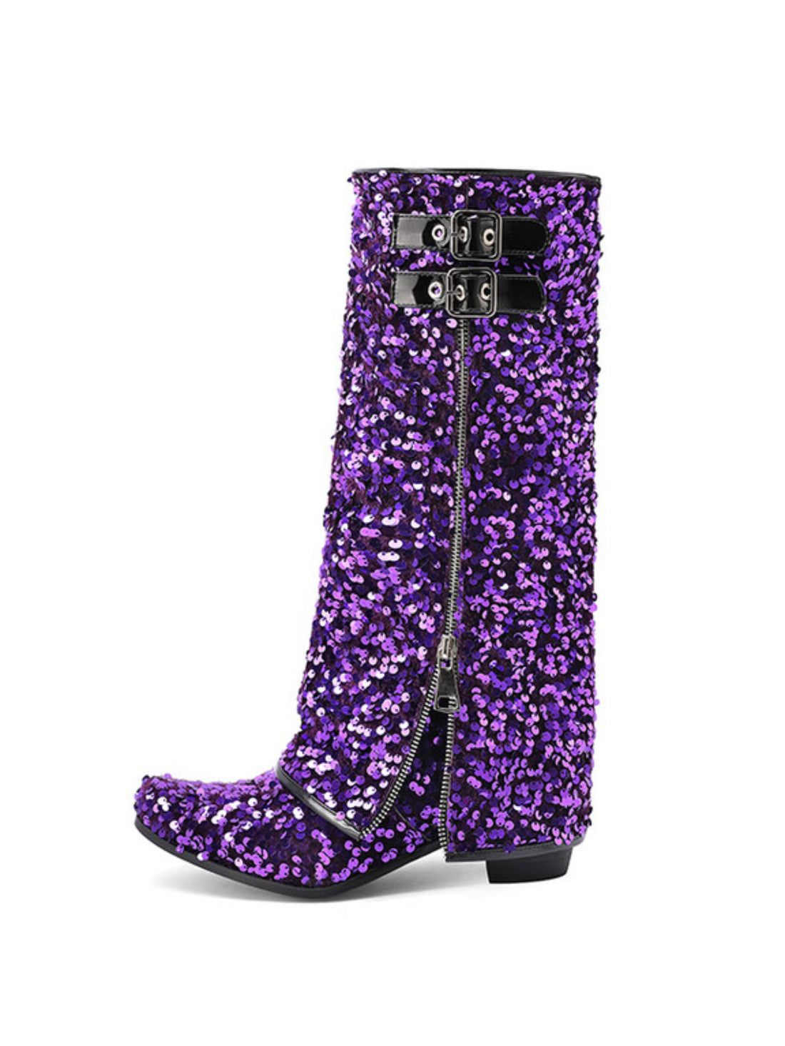 Purple Sequin Buckled Fold Over Snip Toe Western Boots for Women