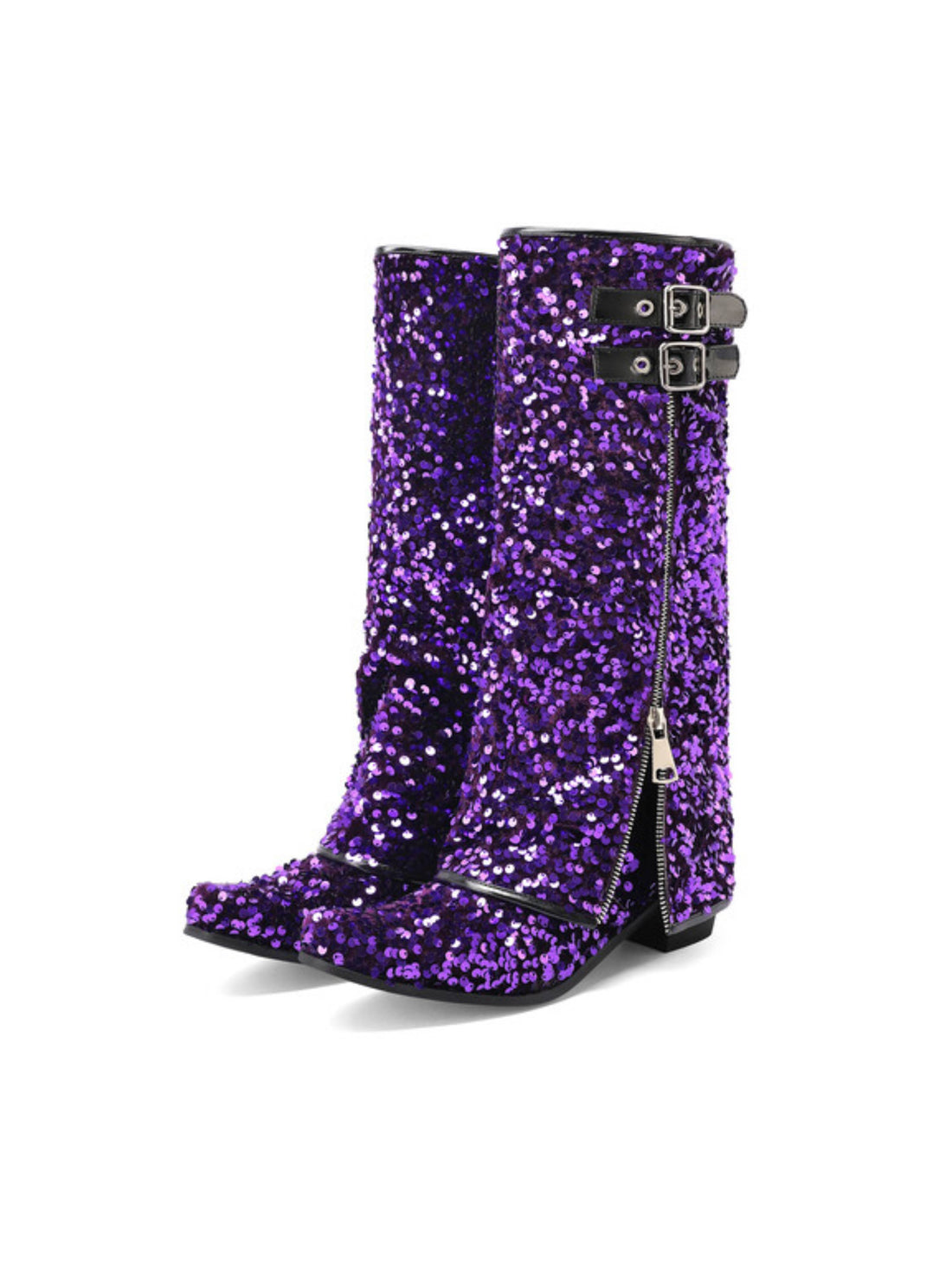 Purple Sequin Buckled Fold Over Snip Toe Western Boots for Women