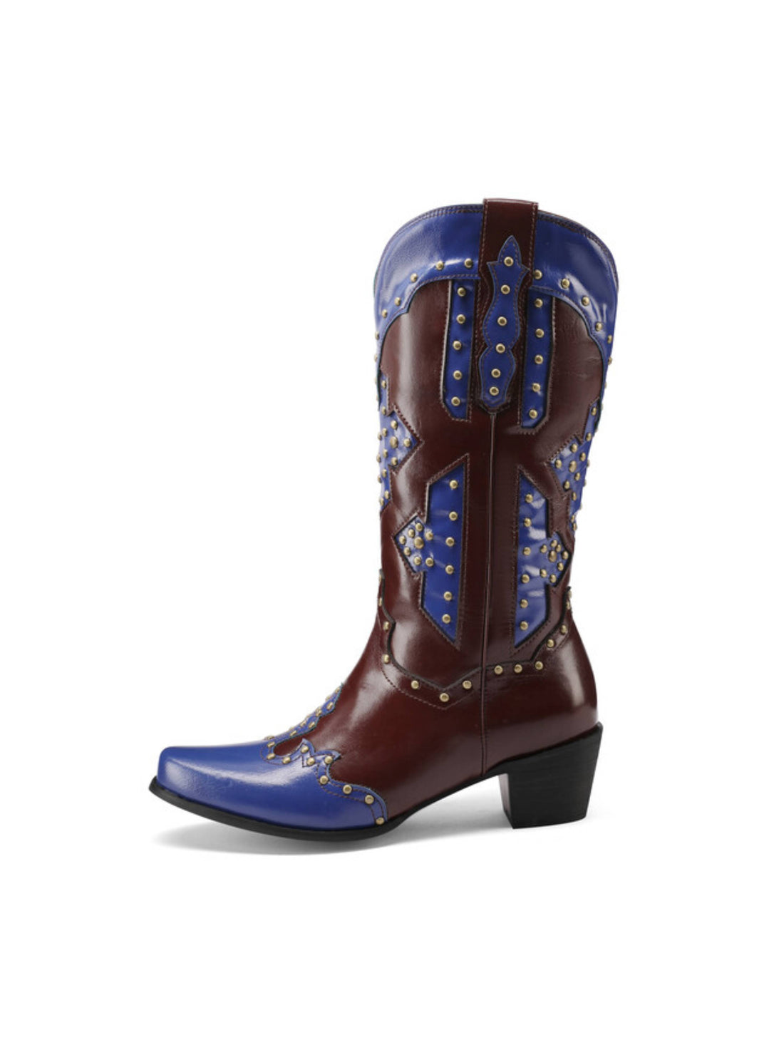 Women's Blue and Brown Studded Patchwork Western Boots