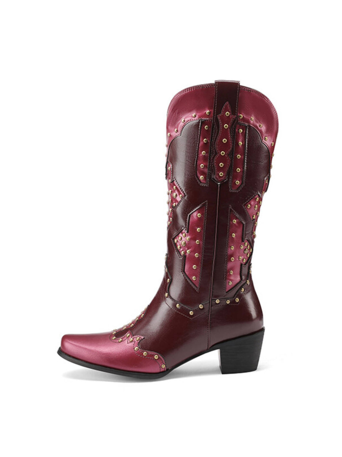Studded Two-Tone Burgundy Western Heel Cowboy Boots for Women