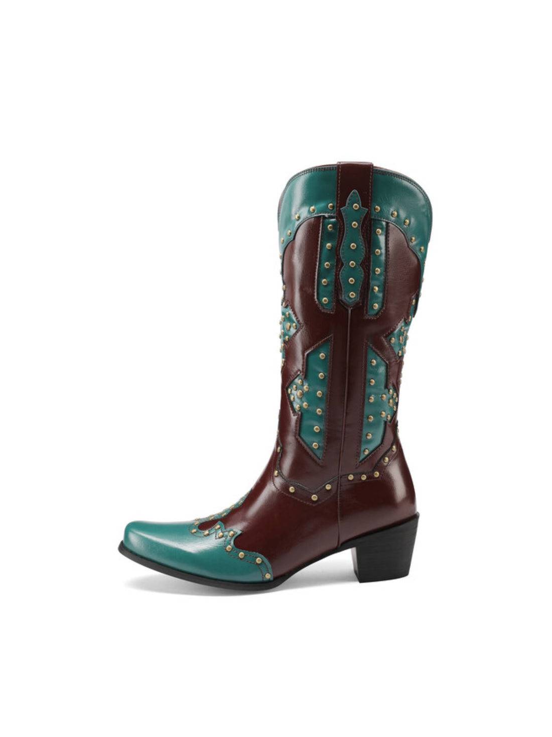 Teal and Brown Studded Snip Toe Cowgirl Boots Mid Calf