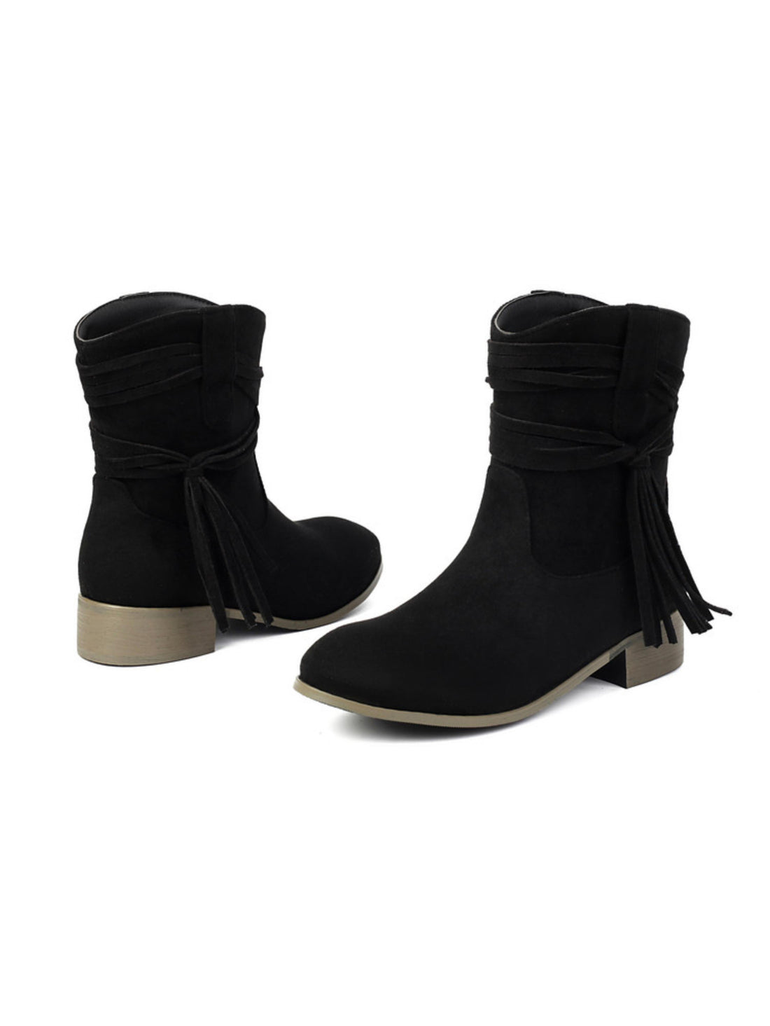 Fringe Round Toe Ankle Black Cowboy Boots for Women