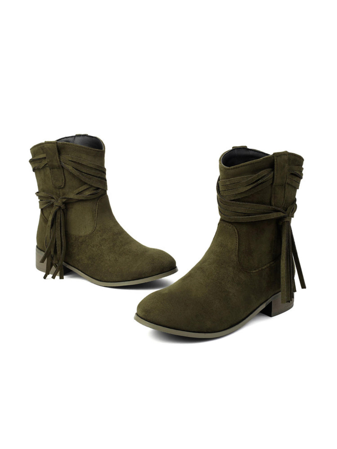 Olive Green Round Toe Low Heel Cowgirl Booties