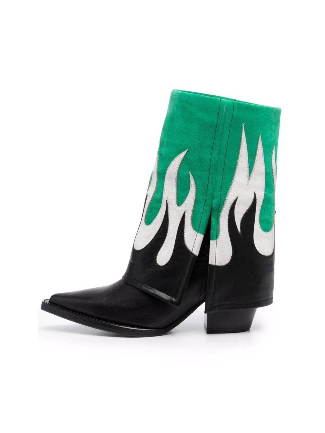 Black &  Green Fold Over High Heel Snip Toe Leather Cowgirl Boots