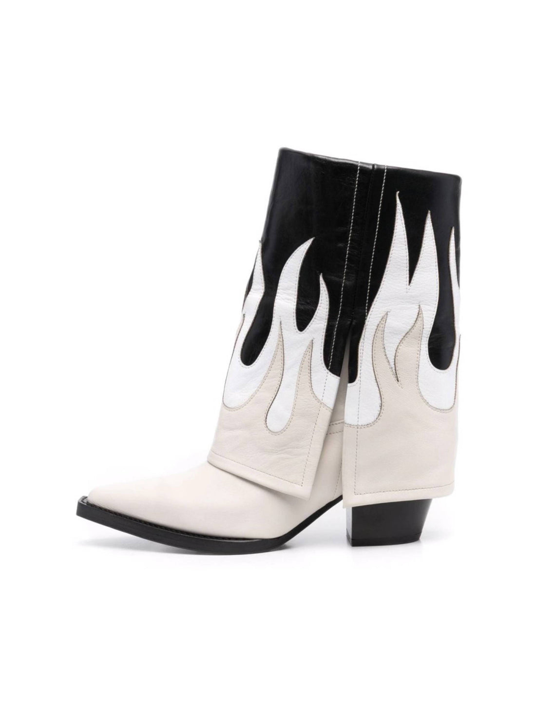 Black and White Fold Over Leather Cowgirl Boots with High Heels