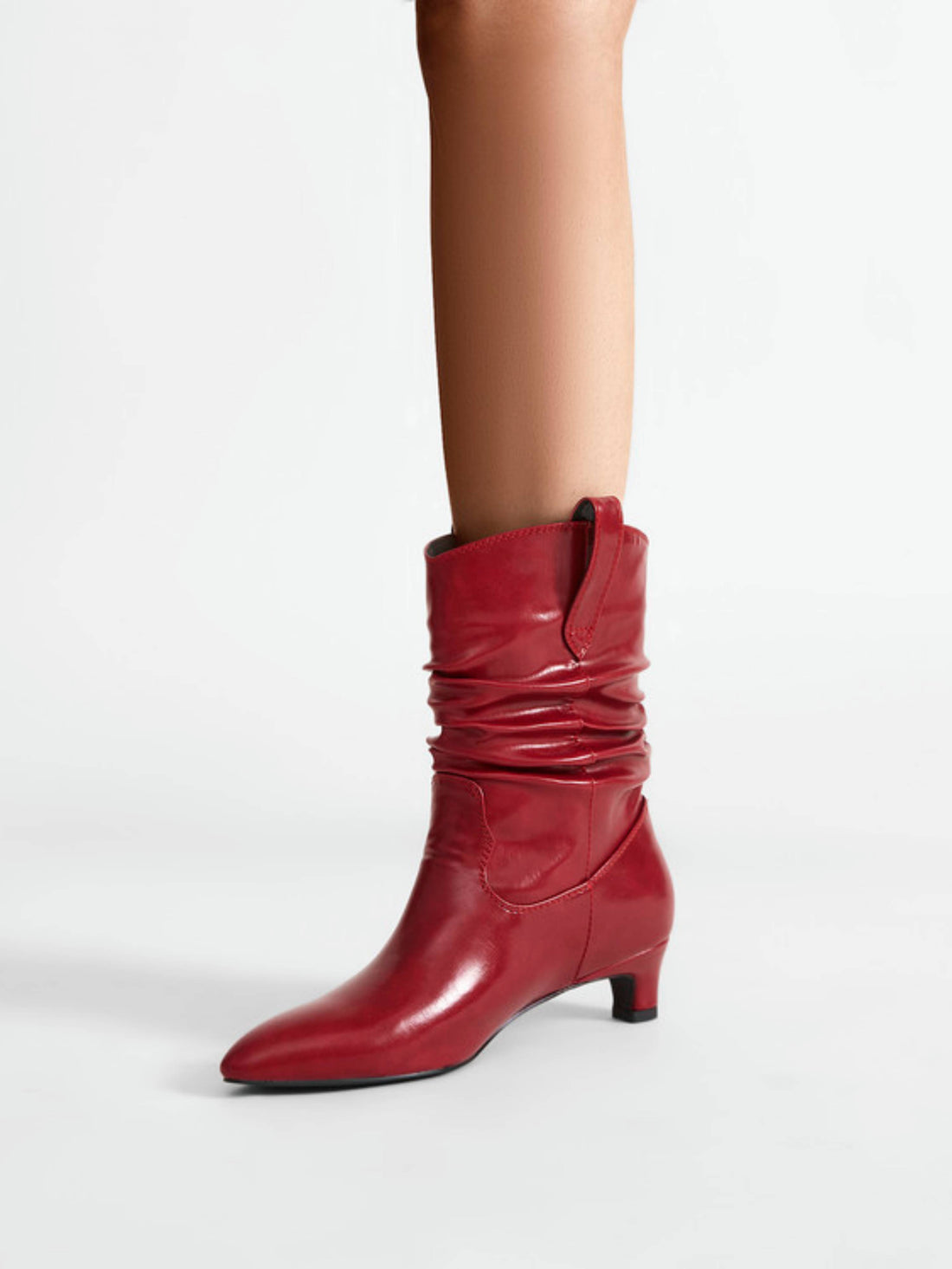 Red Winkled Slouchy Mid Calf Cowgirl Kitten Heel Boots