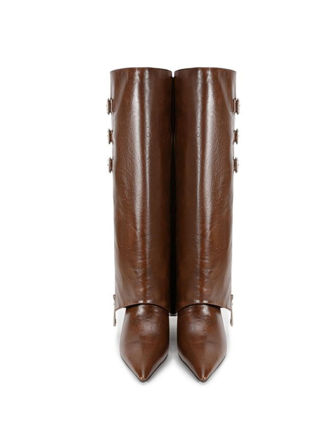 Wedge Fold Over Buckle Mid Calf Pointed Toe Boots Brown