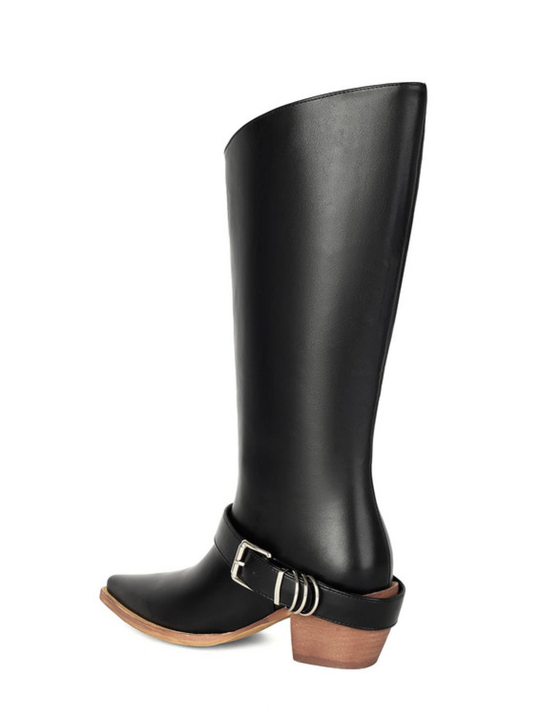 Western-Meets-Biker Women's Black Tall Boots with Buckle Strap