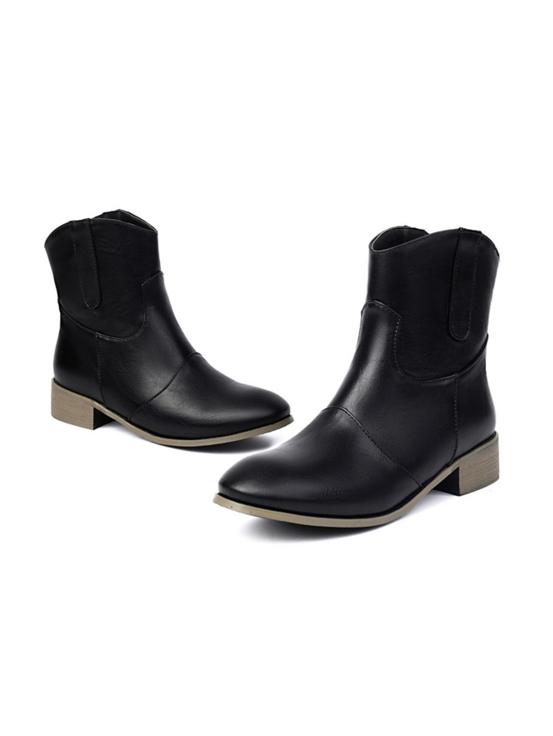 Western Style Round Toe Low Heel Black Ankle Booties