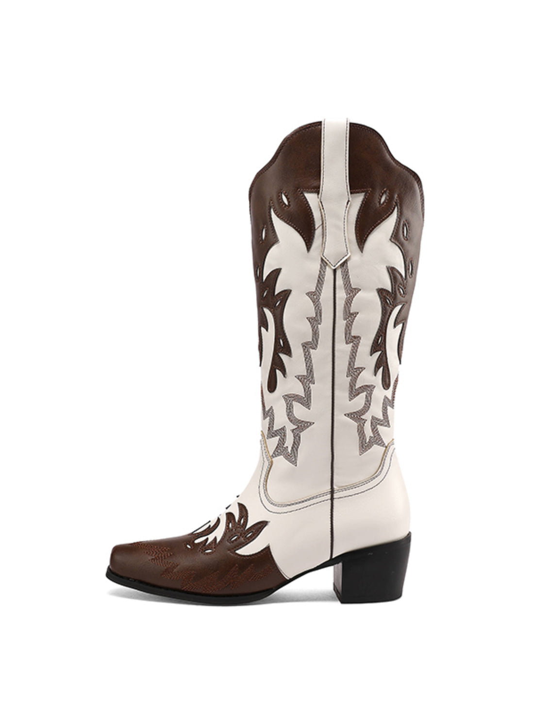 White & Brown Patchwork Snip Toe Tall Western Boots for Women